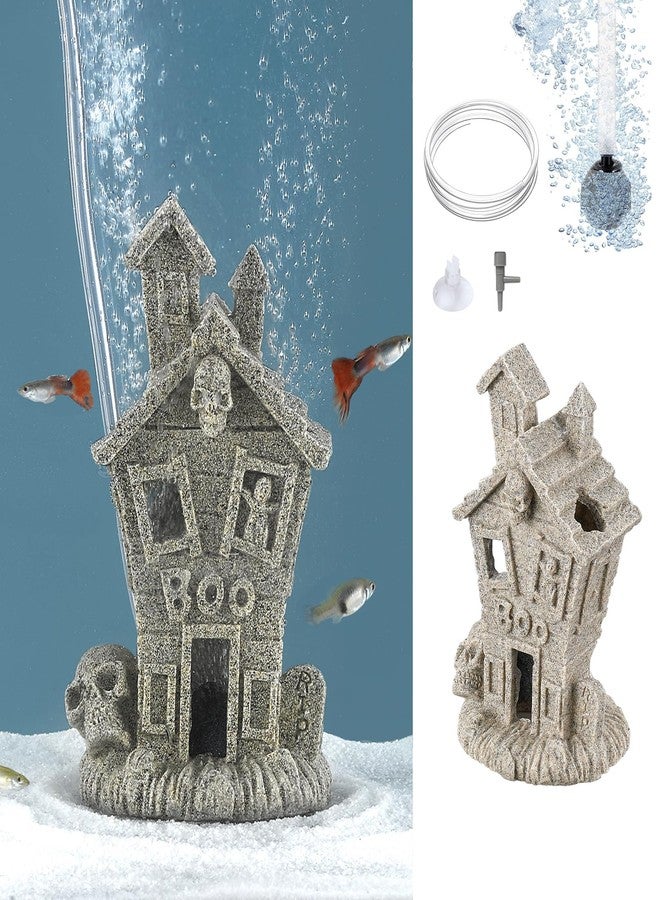 Carefree Fish حوض أسماك كيرفري، بيت مسكون، ديكور هالوين على شكل شبح، نافورة هواء، زينة مخبأ للأسماك مع أنبوب بطول 3 أقدام وحجر هواء صغير (لا يشمل مضخة هواء) - Image 3
